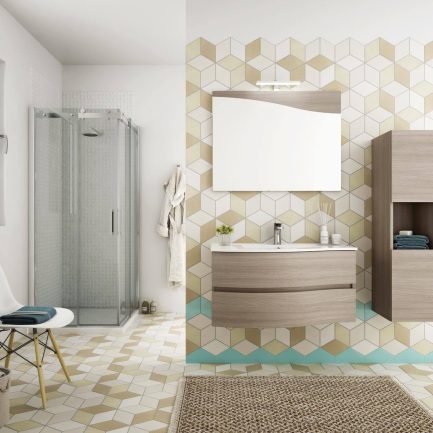 FLEX01, mobile da bagno curvo con lavabo e specchiera con applique di Legnobagno