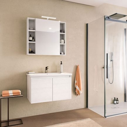 Soft 02, mobile da bagno con lavabo in ceramica e specchiera con applique di Legnobagno