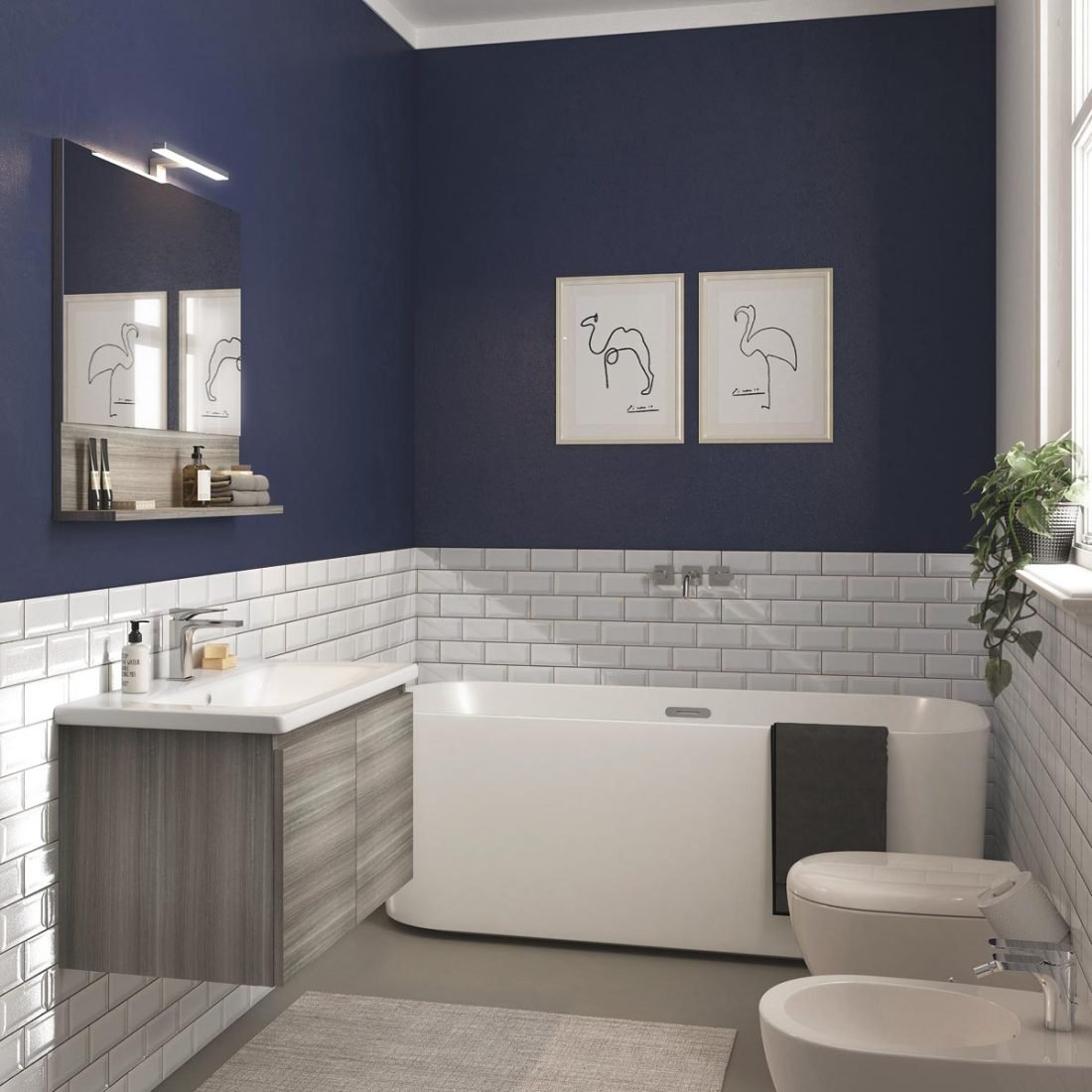 Mobile da bagno sospeso con anta semiaperta. Lavabo in ceramica e specchio con mensola, vista semilaterale.