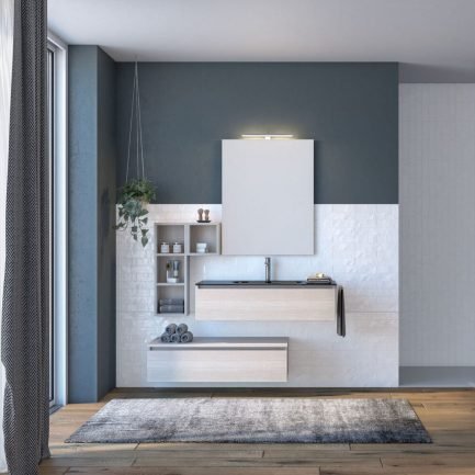 Urban Componibile 3, mobile da bagno top in vetro, pensili e specchiera con applique di Legnobagno