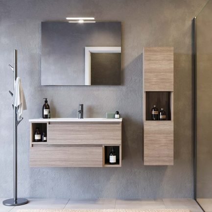 City 01, mobile da bagno con lavabo in resina e specchiera con applique di Legnobagno