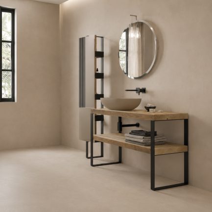 Life 11, mobile da bagno in legno massello con lavabo da appoggio in ceramica beige di Legnobagno