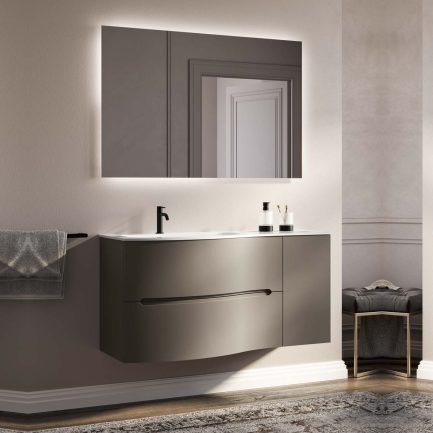 Mito 1, mobile da bagno curvo sospeso marrone con lavabo in Mineralguss bianco lucido di Inda