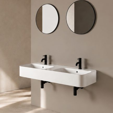 Cosa, lavabo doppia vasca d’appoggio/sospeso in ceramica con fori miscelatore 120 x 45 cm di AXA