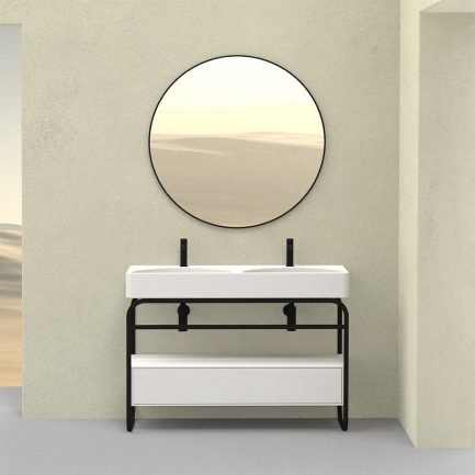 Lunaris, struttura in acciaio nero con lavabo a doppia vasca e cassetto 121 x 45 cm di Alice Ceramica