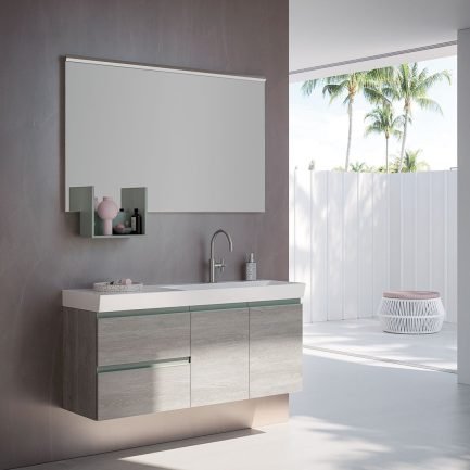 IBEY 504, mobile da bagno sospeso rovere gessato con gole verdi e lavabo in ceramica di Ideal Bagni