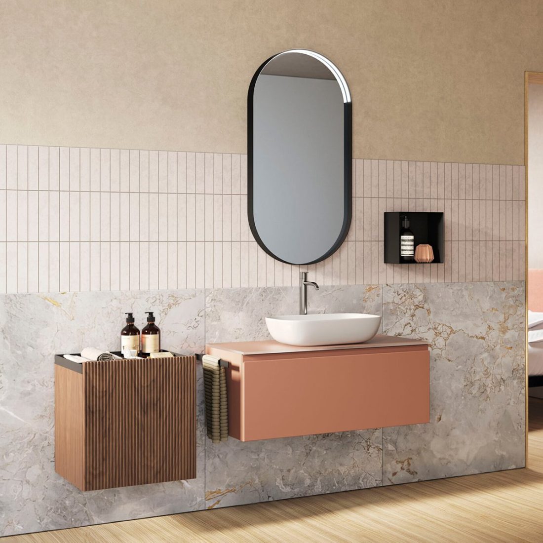 GEA 13, mobile da bagno cipria con lavabo d'appoggio, base cannettata e specchiera di BelBagno 1