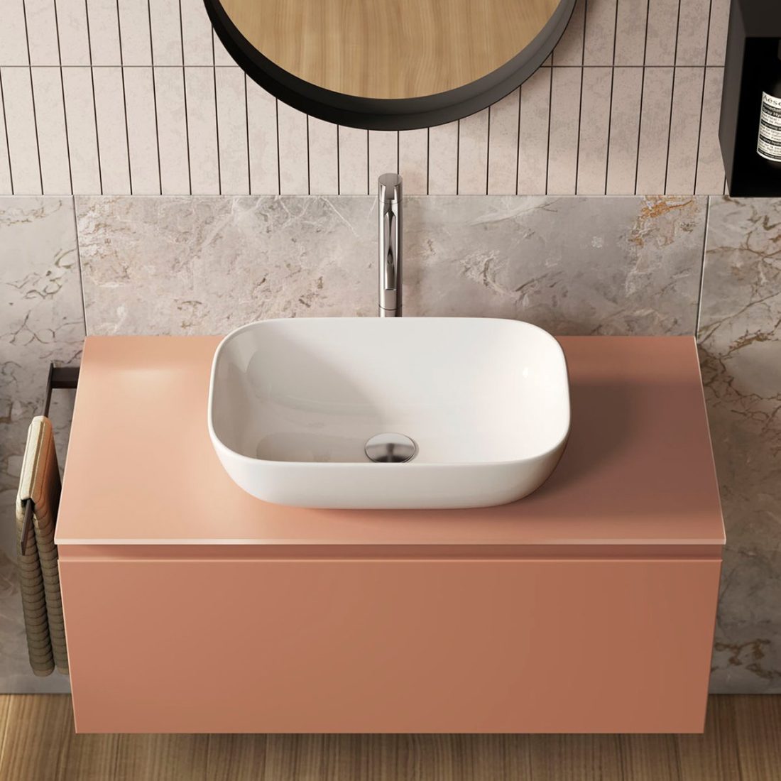 GEA 13, mobile da bagno cipria con lavabo d'appoggio, base cannettata e specchiera di BelBagno dett