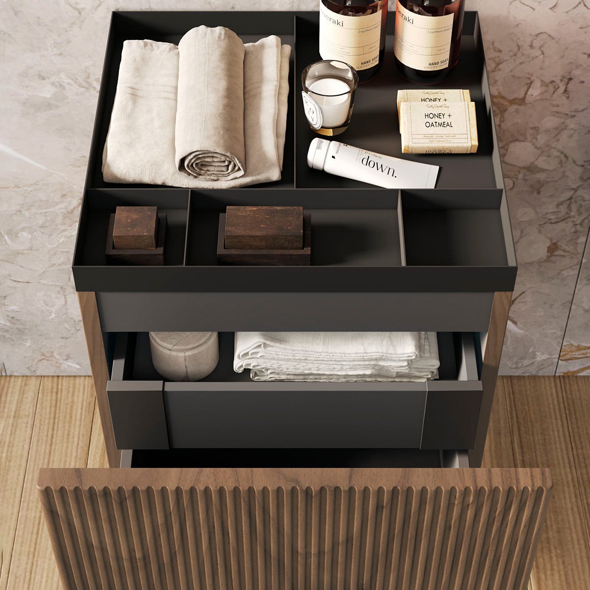 GEA 13, mobile da bagno cipria con lavabo d'appoggio, base cannettata e specchiera di BelBagno dett 2