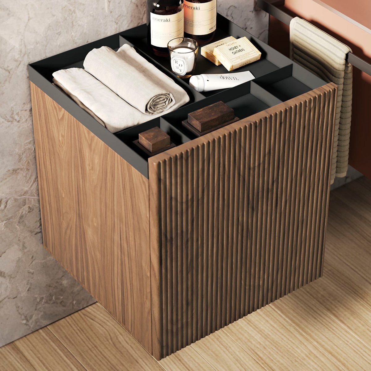 GEA 13, mobile da bagno cipria con lavabo d'appoggio, base cannettata e specchiera di BelBagno dett base ac