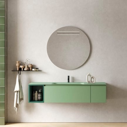 GEA 18, mobile da bagno sospeso verde con lavabo in cristallo satinato verde di BelBagno