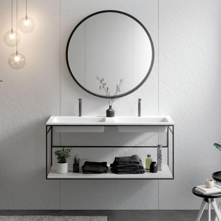 Integra, mobile da bagno sospeso con lavabo a doppia vasca effetto pietra in Akron® di Acquabella