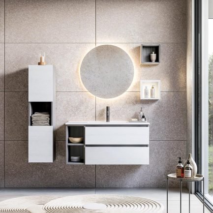 Cubik 02, mobile da bagno larice/eucalipto con lavabo e specchiera retroilluminata di Legnobagno
