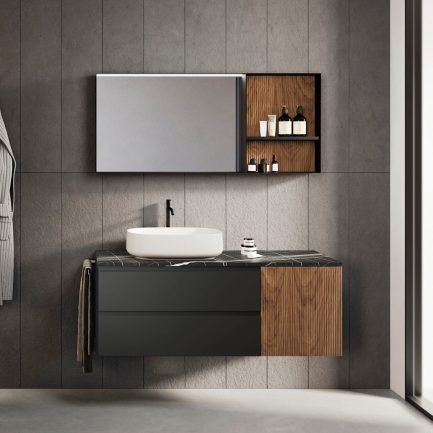 GEA 12, mobile da bagno nero/noce con top effetto marmo e lavabo d'appoggio di BelBagno