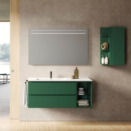 GEA 19, mobile da bagno sospeso verde pino con lavabo in mineralmarmo bianco opaco di BelBagno