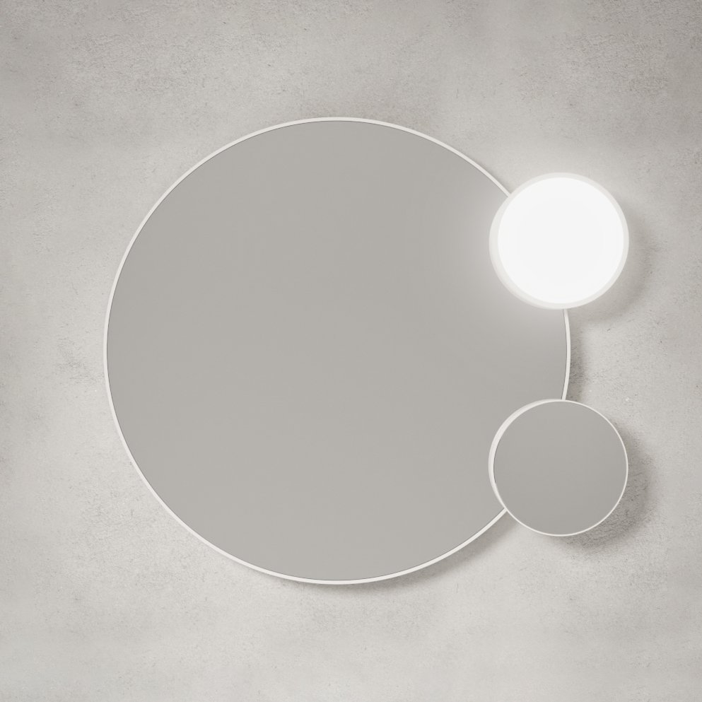 Lunaris, specchio tondo ø70 bianco matt con specchio ingranditore e lampada orbitanti di Alice Ceramica 1