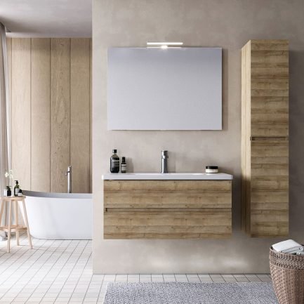Soft 05, mobile da bagno con lavabo in ceramica e specchiera con applique di Legnobagno