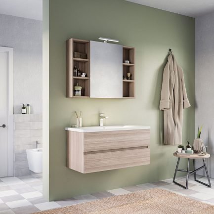 Soft 06, mobile da bagno con lavabo in ceramica e specchiera contenitore con applique di Legnobagno