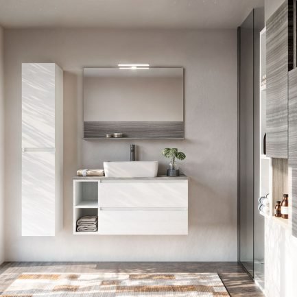 Cubik 06, mobile da bagno con lavabo da appoggio e specchiera di Legnobagno