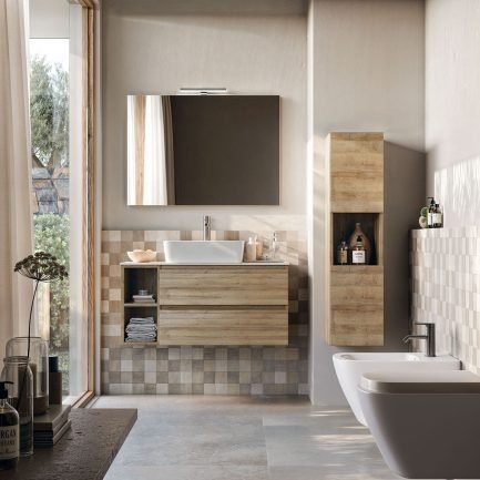 Cubik 07, mobile da bagno con lavabo da appoggio e specchiera di Legnobagno