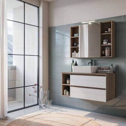 Cubik 08, mobile da bagno con lavabo da appoggio e specchiera di Legnobagno