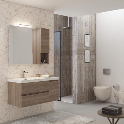 Line 02, mobile da bagno con lavabo in resina e specchiera con applique di Legnobagno