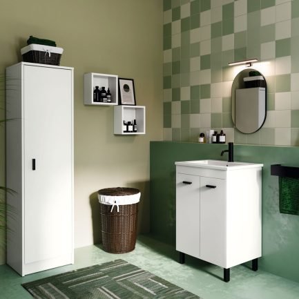 Prisma #2, mobile lavanderia a terra bianco opaco con lavatoio in ceramica bianca lucida di Colavene