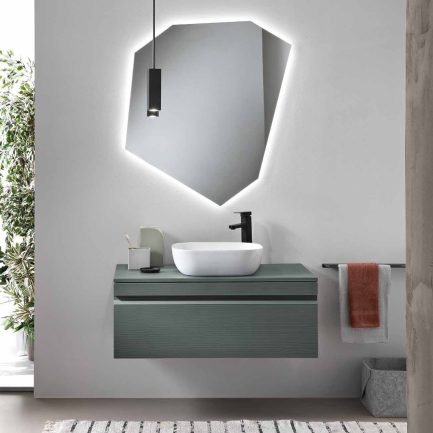 Rio 03, base sospesa in verde cannettato con lavabo da appoggio in ceramica di Bluelife