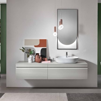Rio 04, mobile sospeso con doppia base in grigio cannettato e lavabo da appoggio in ceramica di Bluelife