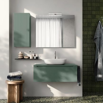 Easy Angy 03, mobile da bagno sospeso verde opaco con lavabo d'appoggio in ceramica di BelBagno