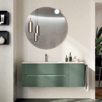 Easy Cannettato 8, mobile da bagno sospeso verde opaco con lavabo in mineralmarmo opaco di BelBagno