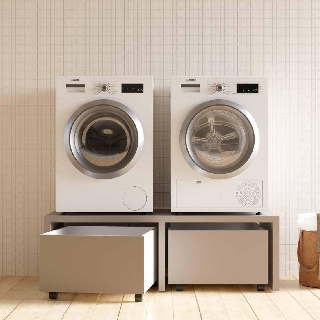 Smartop-#5,-panca-porta-lavatrice-e-asciugatrice-con-cassetti-con-ruote-di-Colavene