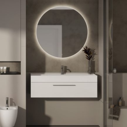 Linea 46 / 8, mobile da bagno sospeso bianco opaco con lavabo in Ocritech® opaco di Xilon