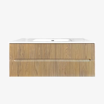 Easy Cannettato 120, mobile da bagno sospeso rovere chiaro con lavabo in ceramica di BelBagno
