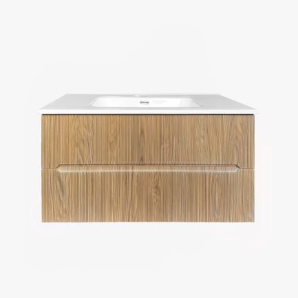 Easy Cannettato 90, mobile da bagno sospeso rovere chiaro con lavabo in ceramica di BelBagno