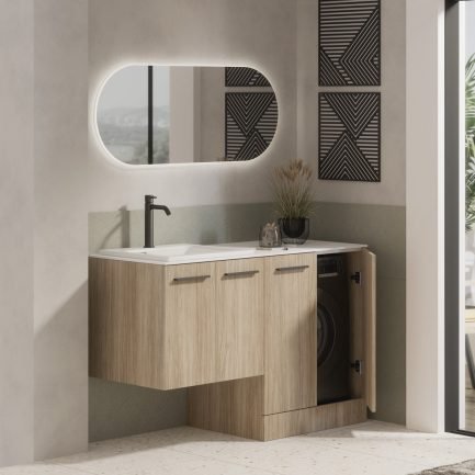 Linea 55/11, mobile lavanderia rovere rosa con top in Ocritech®, lavabo in ceramica e vano lavatrice con ante di Xilon