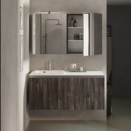 Linea 55/13, mobile da bagno/lavanderia quercia bruciato con top in Ocritech® e lavabo in ceramica di Xilon