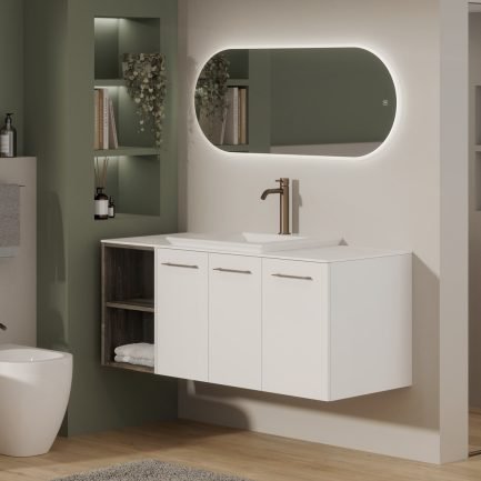 Linea 55/6, mobile da bagno/lavanderia con top in Ocritech®, lavabo in ceramica dual-level  e vani a giorno di Xilon