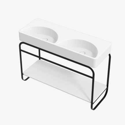 Lunaris, struttura in acciaio nero con lavabo e ripiano in ceramica 121 x 45 cm di Alice Ceramica