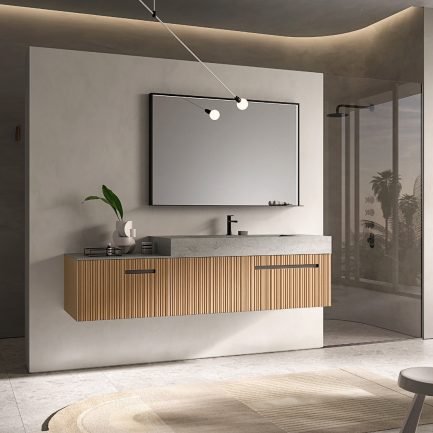 Monolith, mobile da bagno sospeso dogato rovere con lavabo in gres pietra Piasentina di Ideal Bagni