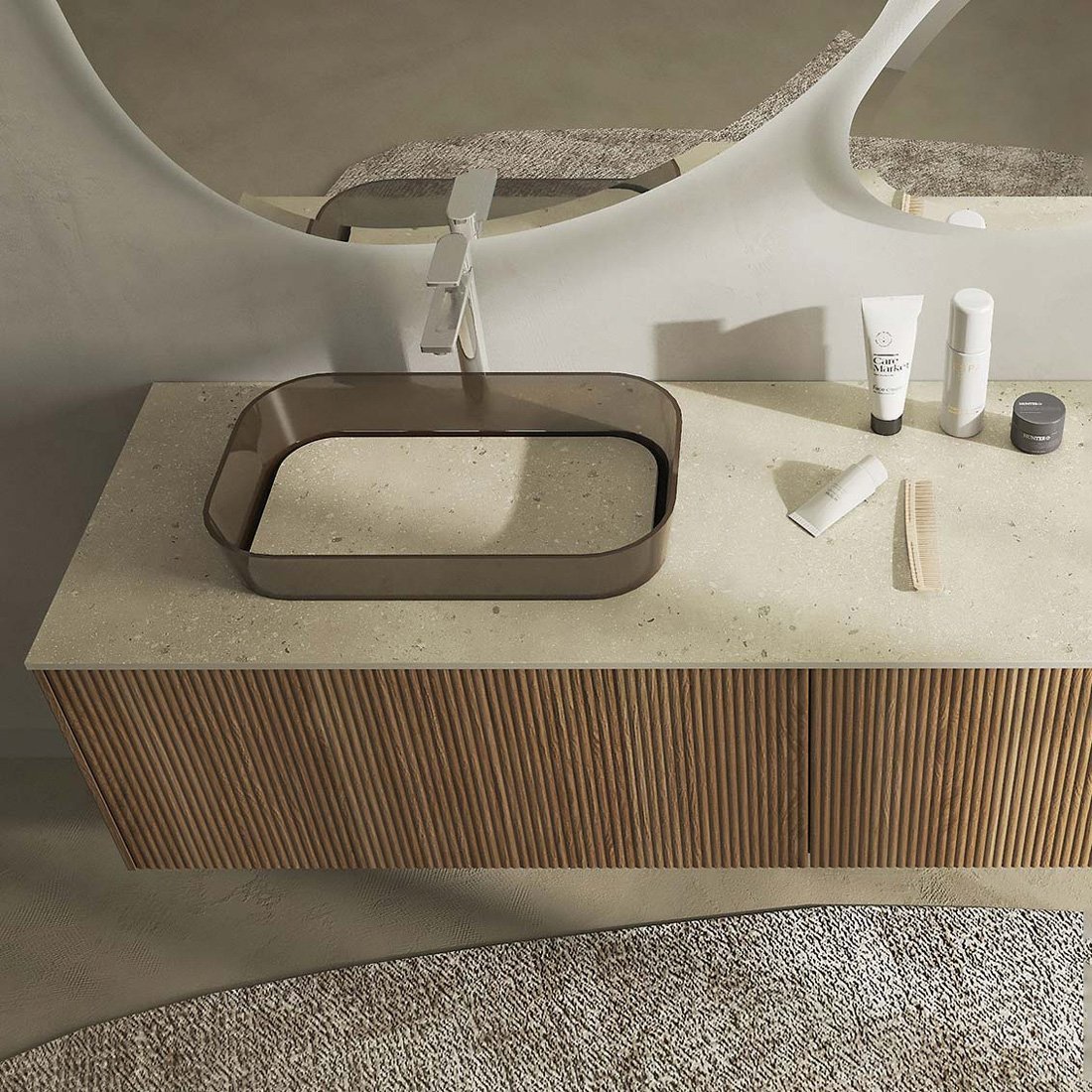 Ritratto 16, mobile da bagno sospeso cannettato rovere con top in HPL e lavabo in Ocritech® fumè bronzo di Legnobagno dett 1