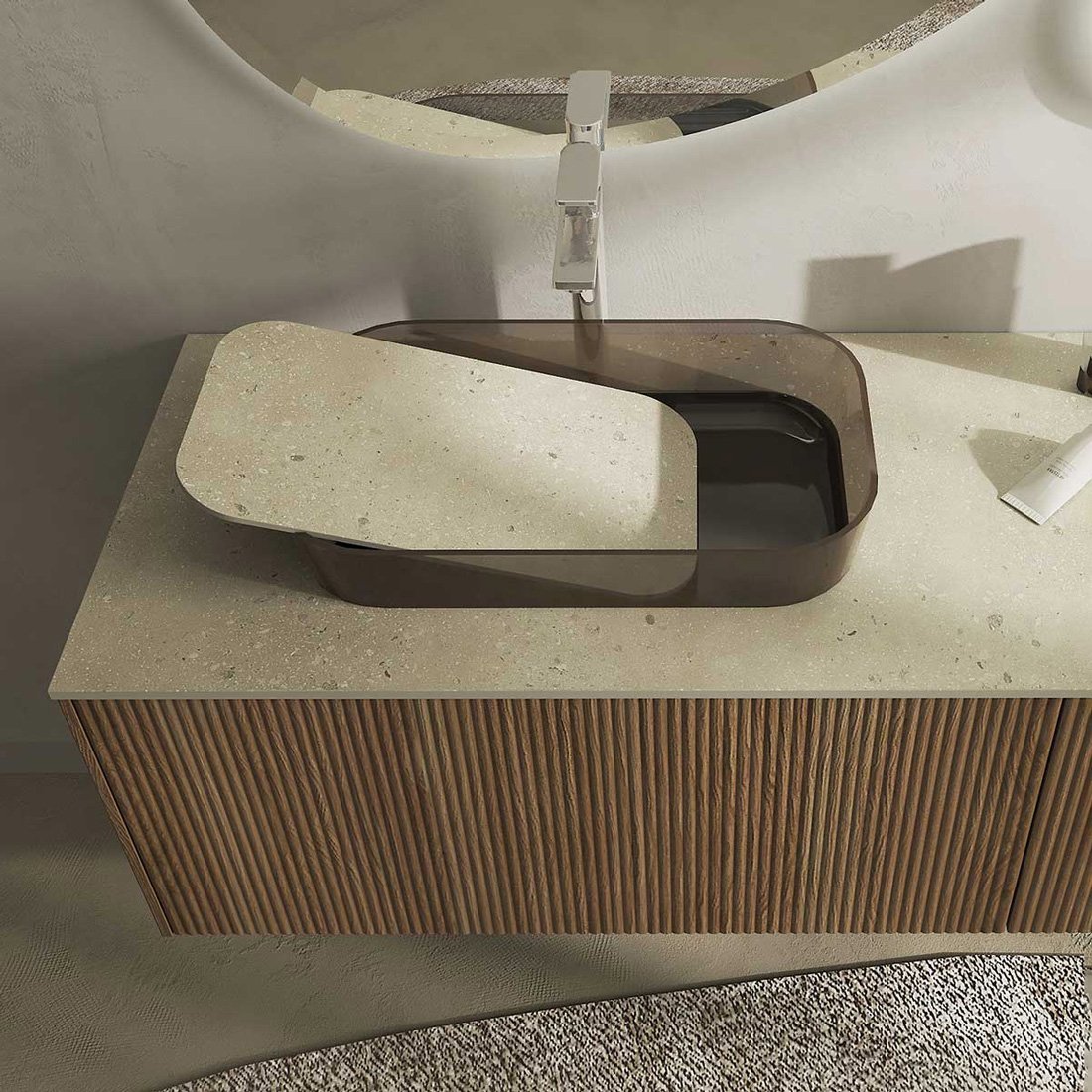 Ritratto 16, mobile da bagno sospeso cannettato rovere con top in HPL e lavabo in Ocritech® fumè bronzo di Legnobagno dett 2