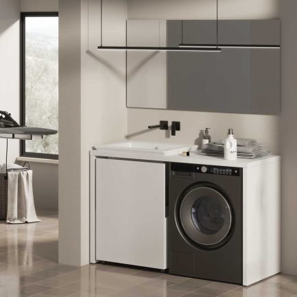 Laundry Shelf 1, ponte con lavabo lavanderia con vano lavatrice e contenitore su ruote di Xilon