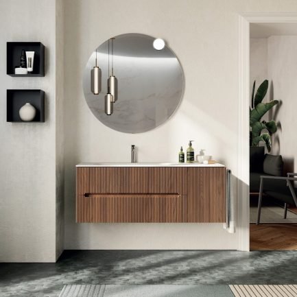 Easy Cannettato 9, mobile da bagno noce gold con lavabo in mineralmarmo bianco opaco di BelBagno