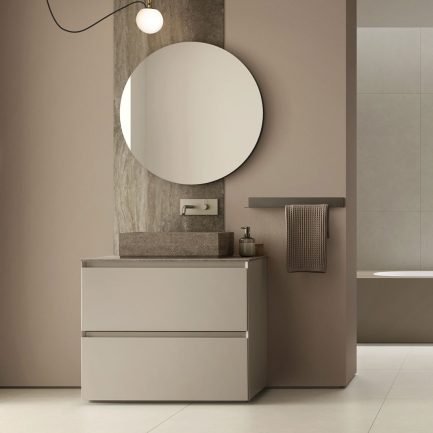 Asia 407, mobile da bagno a terra Corda con top in gres travertino e lavabo in pietra piasentina di Ideal Bagni
