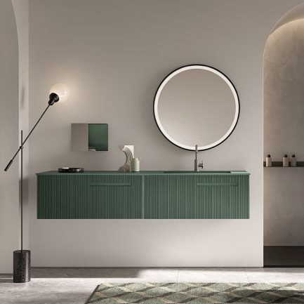 Monolith 20, mobile da bagno sospeso dogato rovere verde bosco con lavabo in Idealcryl di Ideal Bagni