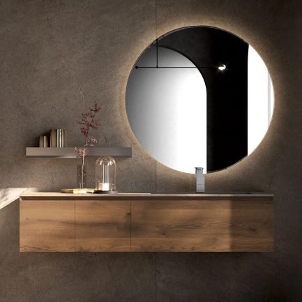 Cubik 13, mobile da bagno sospeso impiallacciato rovere antico con lavabo in gres di Ideagroup