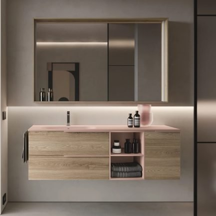 My Time “T” #01, mobile da bagno sospeso rovere con lavabo in mineralsoild cipria opaco di Ideagroup