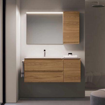Play 06 Logic, mobile da bagno sospeso legno naturale con lavabo in Acritek bianco opaco di Ideagroup
