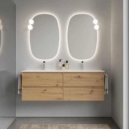 Play 10 Logic, mobile da bagno sospeso legno naturale con lavabo in Mineralsolid bianco opaco di Ideagroup